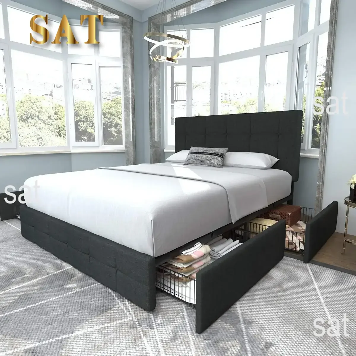 Upholstered Queen Platform Bed Frame, With 4 storage drawers and headboard, Diamond sewn button tufting, Base wood slat support