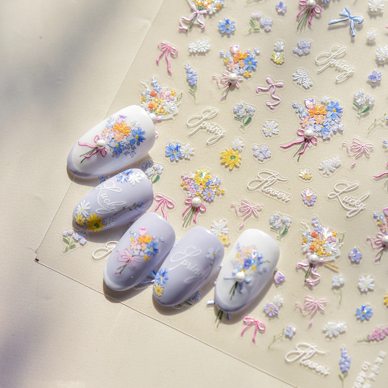 5D Photo Frame Geometric Border Bowknot Relief Adhesive Nail Art Stickers Manicure Decals Hot Stamping Tulip Flowers