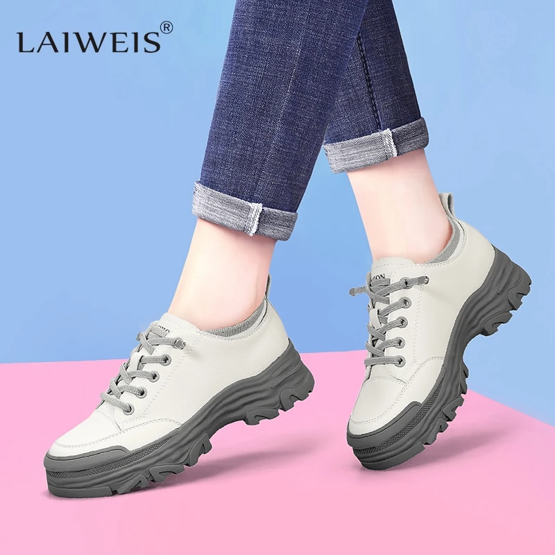 

Genuine Leather Sneaker Trekking Footwear New Women's Shoes Thick-soled Platform Shoes Sports Leisure Skateboard Women Walking