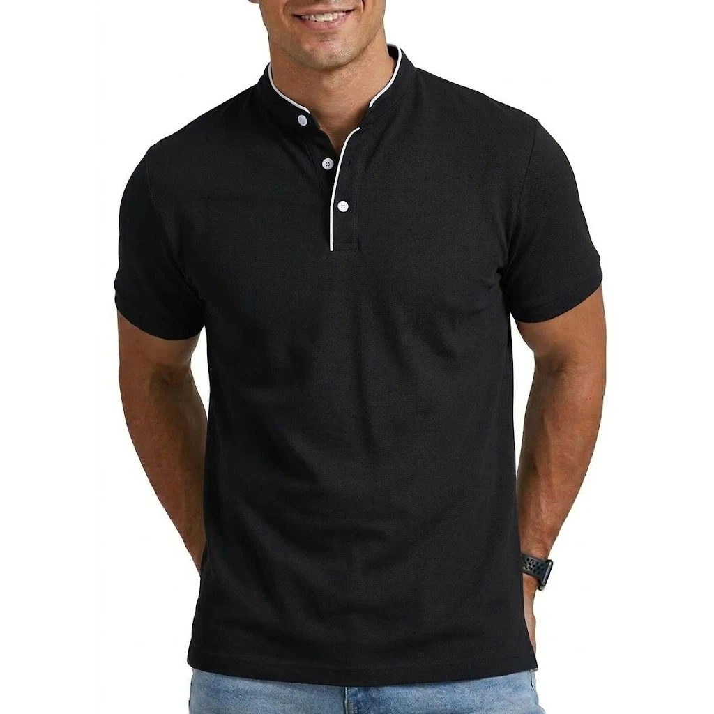 Sommer Herren Kurzarm Henley Poloshirt Einfarbiges Knopf-Freizeit-T-Shirt Fitness V-Ausschnitt T-Shirt Klassisches Kragenloses Hemd für Männer – Detail 4