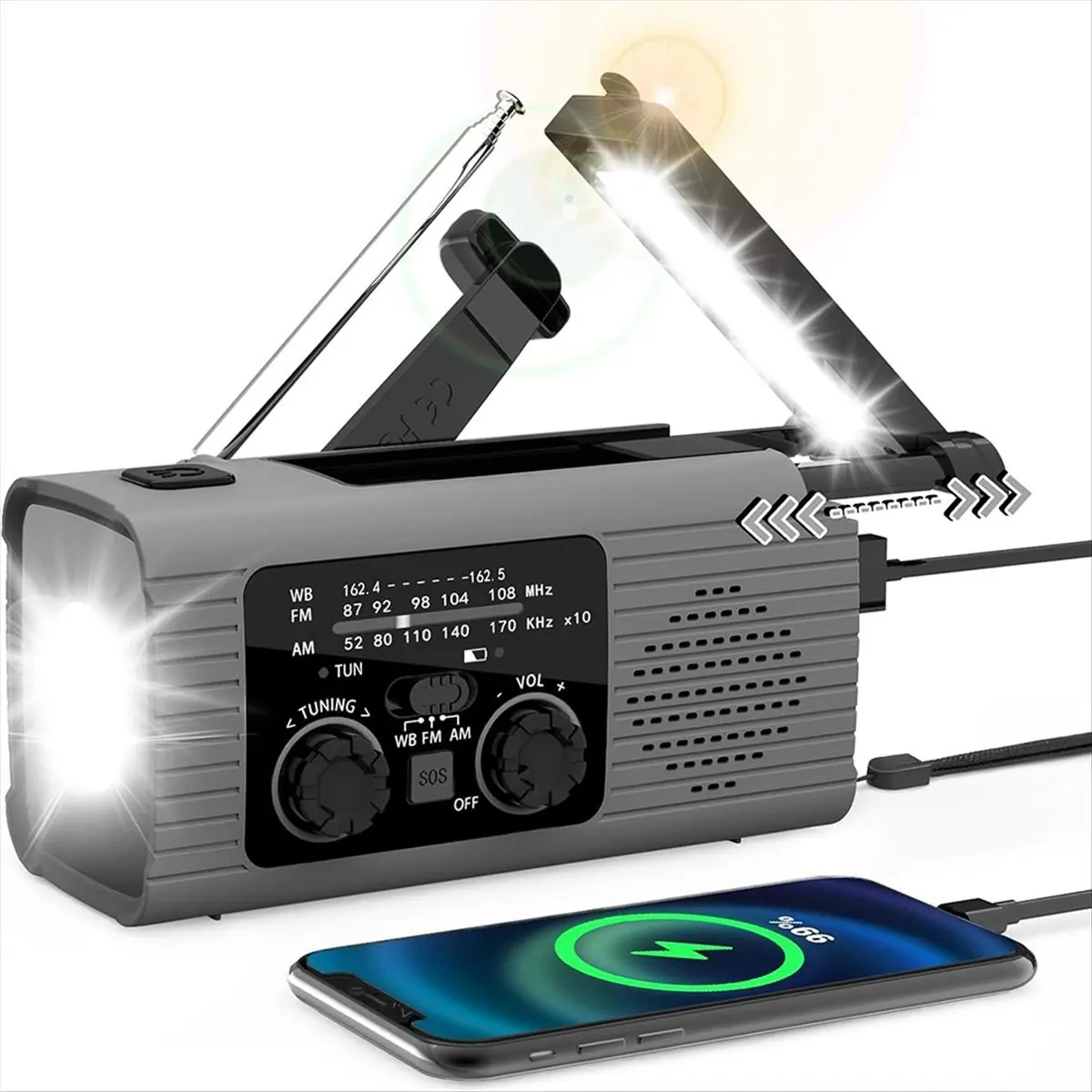 T28C 비상 라디오 핸드 크랭크 라디오 다기능 AM/FM/NOAA 태양열 핸드 크랭크 비상 라디오 SOS 알람 4000mah 그레이