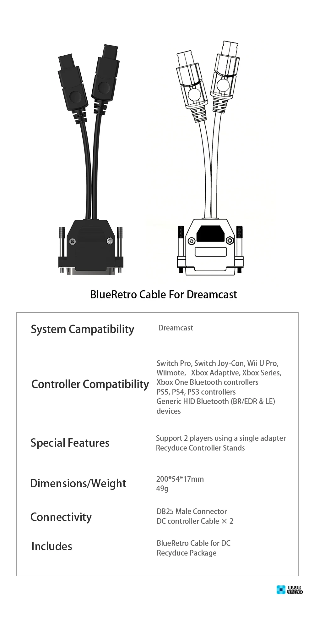 BlueRetro-Wireless Game Controller Converter Cable, PS1, PS2,
