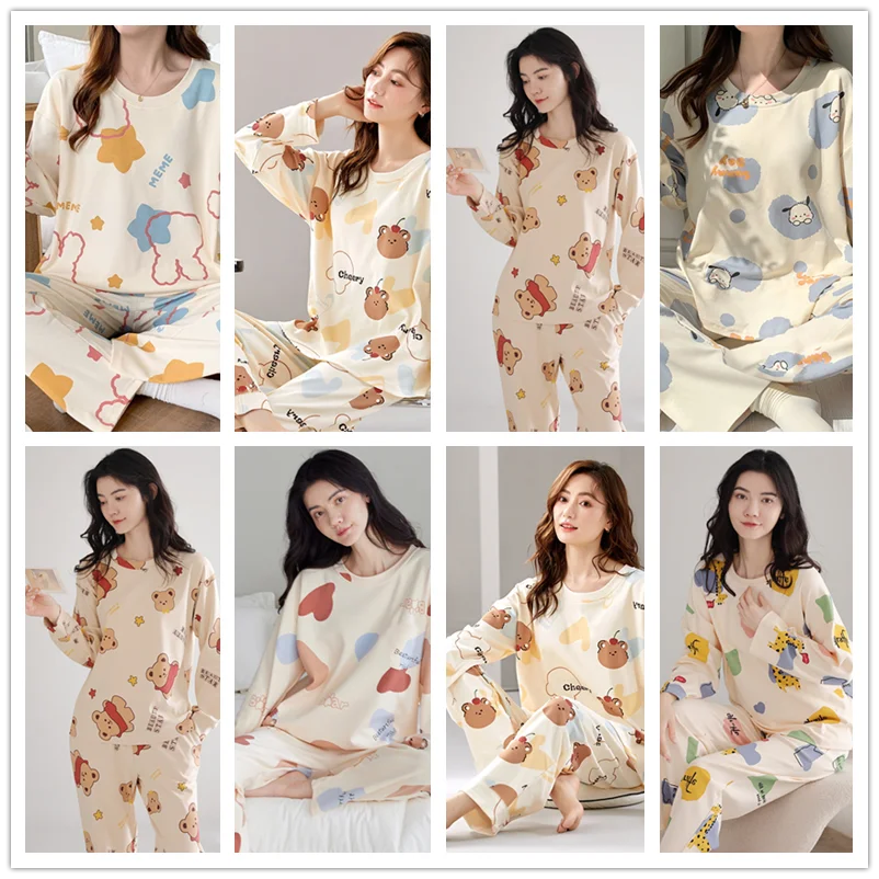 2PCS/Set Spring Autumn New Comfortable Simple Cute Fashion Elastic Cartoon Korean Long Sleeve Large Size Home Women's Pajamas 6