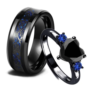 Charm Couple Rings for Men Stainless Steel Celtic Dragon Ring Heart Black Zircon Women Wedding Rings Set Valentine's Day Jewelry