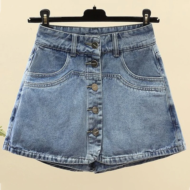 Women Korean A-line Jean Szorty Fashion Skirts Pantaloncini Casual Vintage High Waist Slim Denim Culottes Shorts Summer