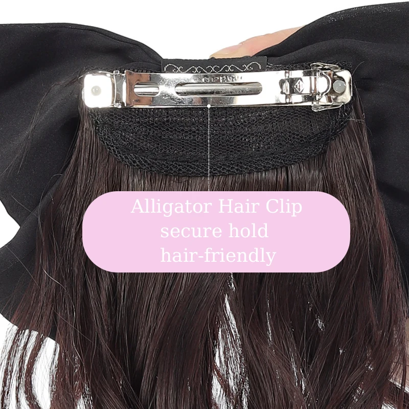 Synthetic Wavy Hair Ponytail Extensions Kids’ Bow Wig Clip Short Wavy Ponytail Hairpiece with Red&Black Bow for Kids Daily Use