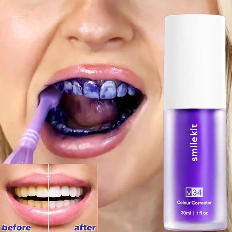 

Smilekit V34 Purple Toothpaste Colour Corrector Teeth For Teeth Whitening Brightening Reduce Yellowing Cleaning Tooth Care 30ml