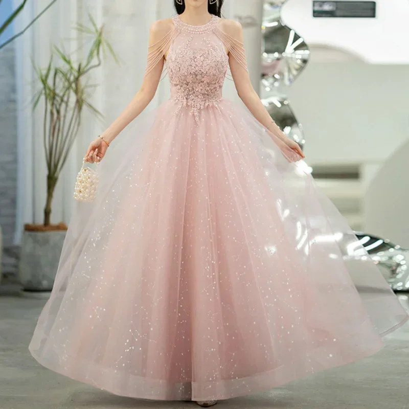 LANMU Elegant Pink Celebrity Dress Sequins Beading Halter With Tassel Sleeve A Line Exquisite Floor Length Prom Evening Gowns