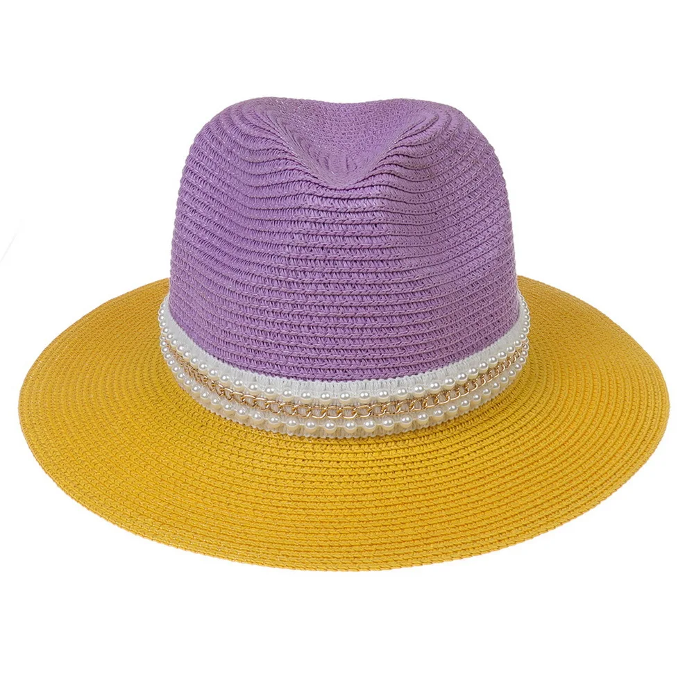 

Straw hat 2022 two-color stitching pearl accessories yellow purple jazz men and women sun hat beach hat jazz кепка мужская