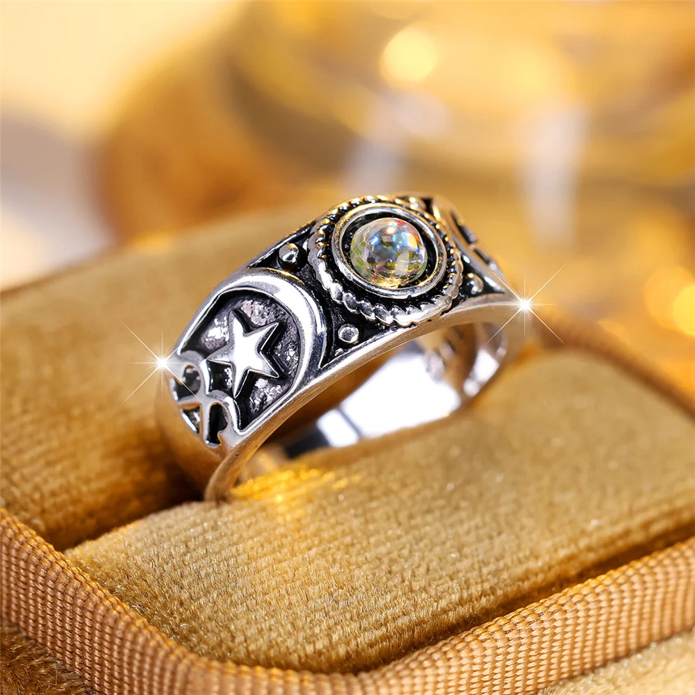 Size 6/7/8 Female Crystal Moon Stone Star Engagement Ring Vintage Silver Color Wedding Jewelry For Women