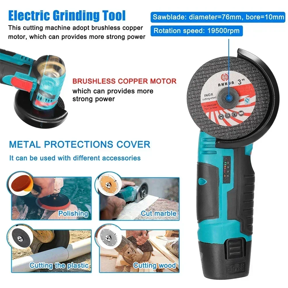 12V Brushless / Brushed Angle Grinder Lithium Battery 19500Rpm Cordless Mini Polishing Machine Diamond Cutting Grinder Tools 5