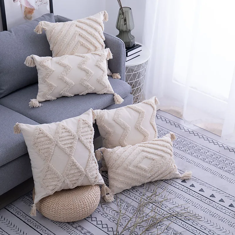 Simple Tufted Cushion Cover Geometric Rhombus Wave Big Tassel Pillowcase Hand-tufted and Crocheted Decorative Sofa Pillow Cover