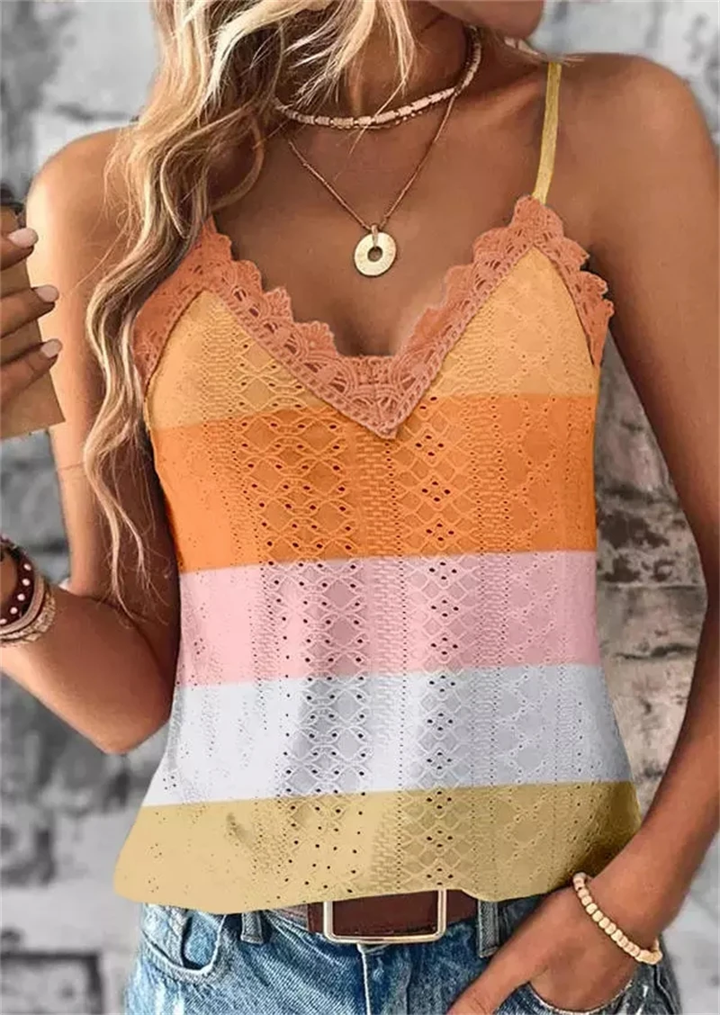 

Women Color Block Striped Lace Splicing Hollow Out Camisole Vests Summer V-Neck Sleeveless Solid T-shirt Casual Female Tank Tops