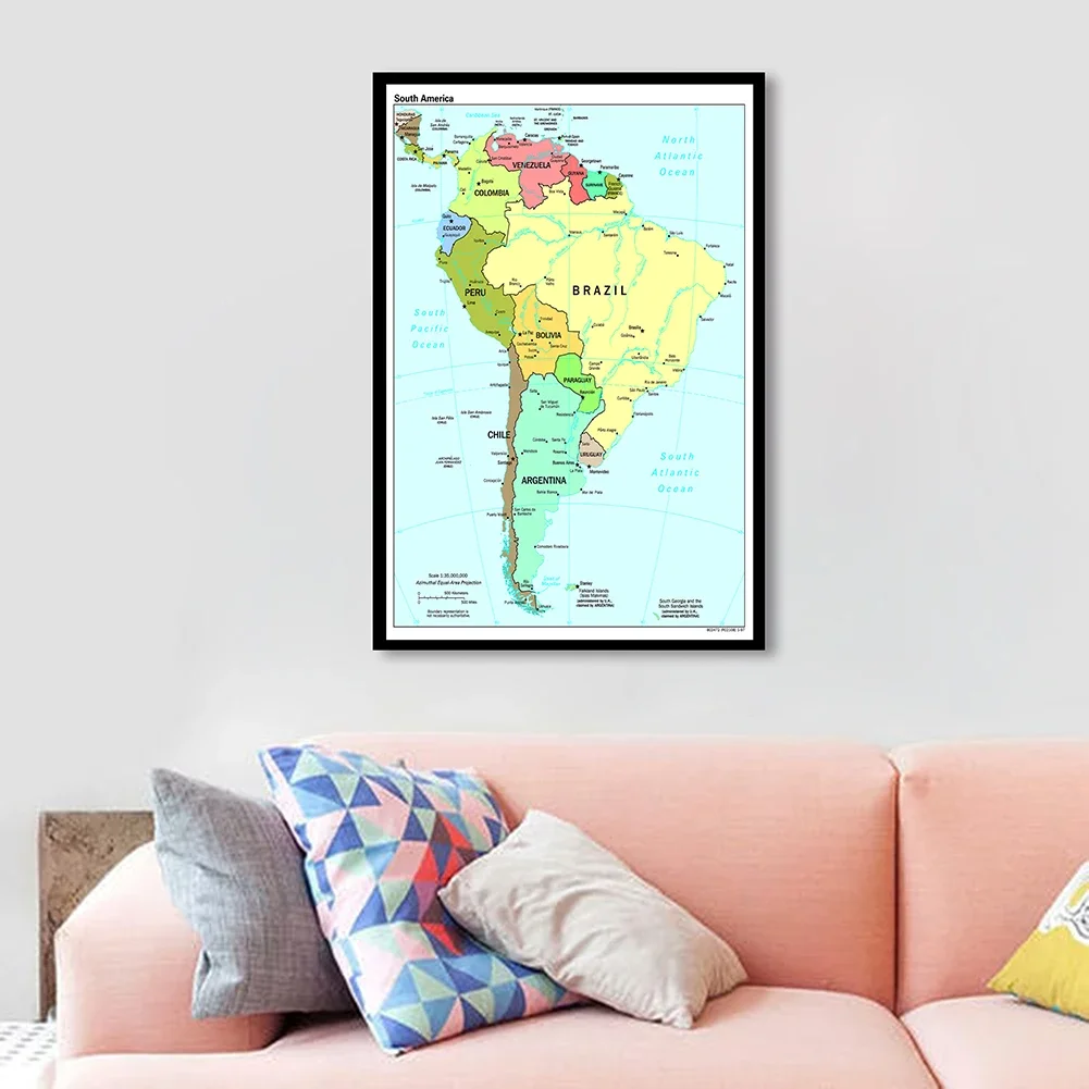 60*90cm de la América del Sur mapa político lienzo pintado con Spray pared arte cartel habitación decoración para el hogar de la escuela suministros