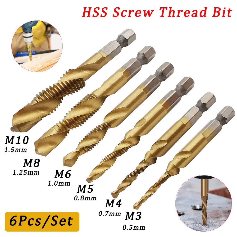 

6Pcs/Set HSS Screw Thread Bit M3 M4 M5 M6 M8 M10 Hex Shank Titanium Plated Tap Drill Bit Machine Compound Tap Woodwork Tools Kit