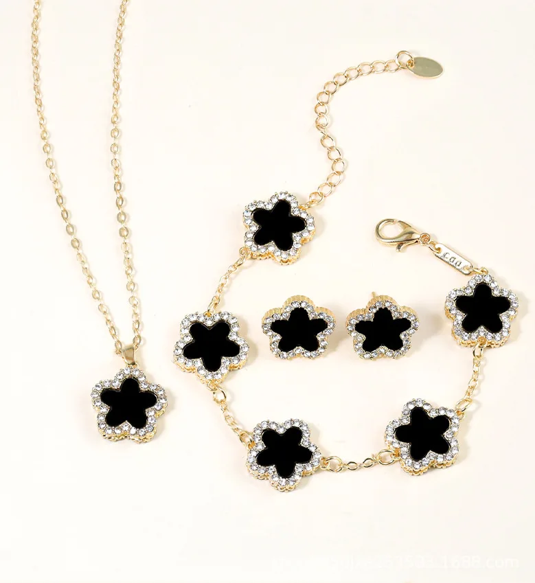 

3pcs Five Flower Bracelet Necklace Earring for Women Fashion Two Sided Imitation Fritillaria Link Jewelry Sets Birthday Gifts