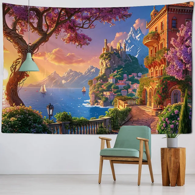 Beau tapisserie murale suspendue de paysage de bord de mer, tapisserie de château de rêve, tissu suspendu pour chambre à coucher, tapis de pique-nique de plage, feuilles de yoga 4