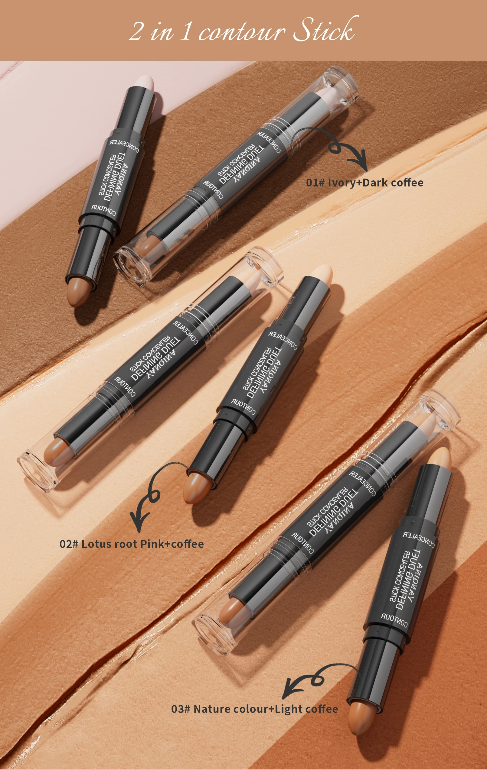 Description Picture 4 of itemContour Stick Duo, Double-Ended Highlight and Shadow Cream, Waterproof Full Coverage Concealer, Natural Finish Makeup for All Sk