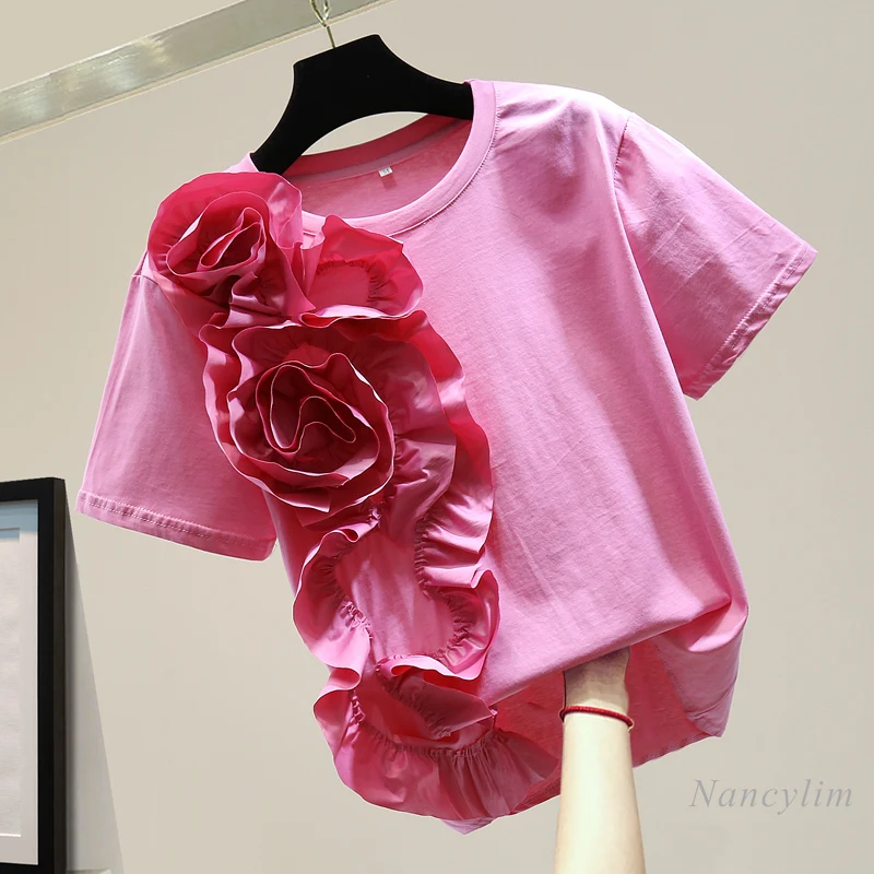 

Three-Dimensional Flower T-shirt Woman 2023 Summer Korean Style Loose Personality Ruffled Top Shirt Camisetas De Mujer