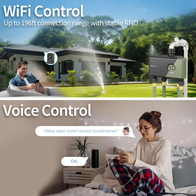 Diivoo Garden WiFi Water Timer 3/4 Zones Automatic Irrigation Timer Watering Systems Controller with Rain Delay Manual Watering 3