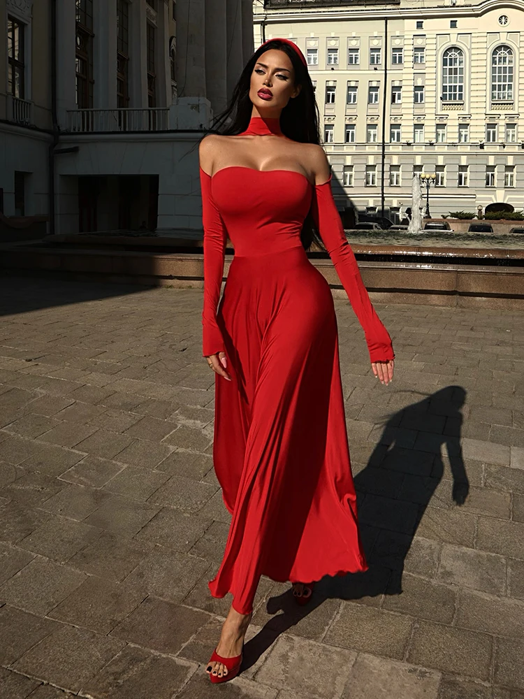 chinese dress ladies Women's Sexy Slash Neck Strapless Maxi Dress Women's Solid Color Long  Sleeve Ruffle Boho Dress Black S at Amazon Women's Clothing store main image 1