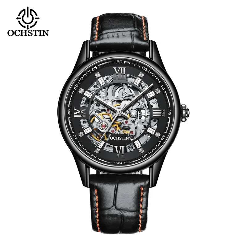 Gift New Fashion Men Sports Mechanical Watches Male Luxury Leather Strap Black Dial Automatic Military Wristwatch OCHSTIN