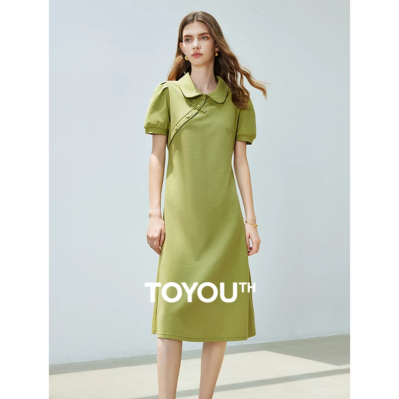 

TOYOUTH Women POLO Dress 2024 Summer New Chinese Style Mandarin Collar Buff Sleeves Slim Waist Knee Length Casual Dress