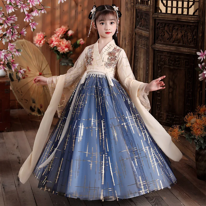 

2022 Summer New Chinese Style Children Hanfu Dresses For Girls Ancient Princess Cosplay Dress Blue Kids Folk Dance Costumes