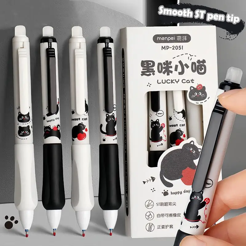 4Pcs 0.5mm 지울 수 있는 푸시 버튼 펜 초등학생을 위한 검은 고양이 디자인 부드러운 쓰기 문구류