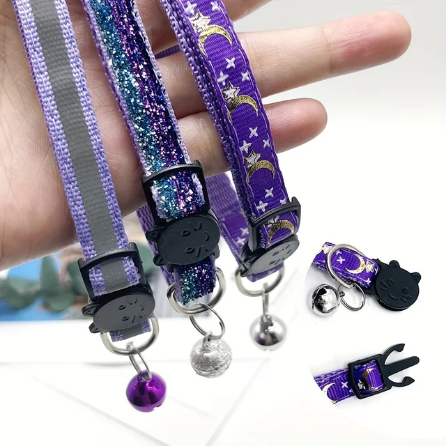 Adjustable Reflective 3-Pack Cat Collars - Star & Moon Pattern with Bells and Safety Release Buckle Adjustable Reflective 3-Pack Cat Collars - Star & Moon Pattern with Bells and Safety Release Buckle