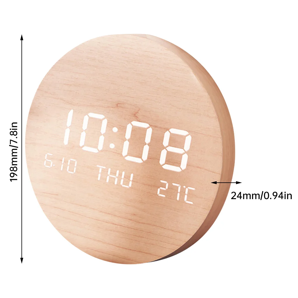 Digital Wall Clock LED Temperature Date Time Multi-function Display Wood Silent Alarm For Bedroom LivingRoom Hanging