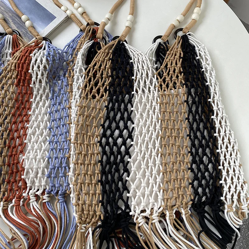 Long Tassel Tote Bags for Women Fishing Net Shoulder Bag Rope Crochet Woven Handbags Bohemian Hollow Striped Travel Beach Bag