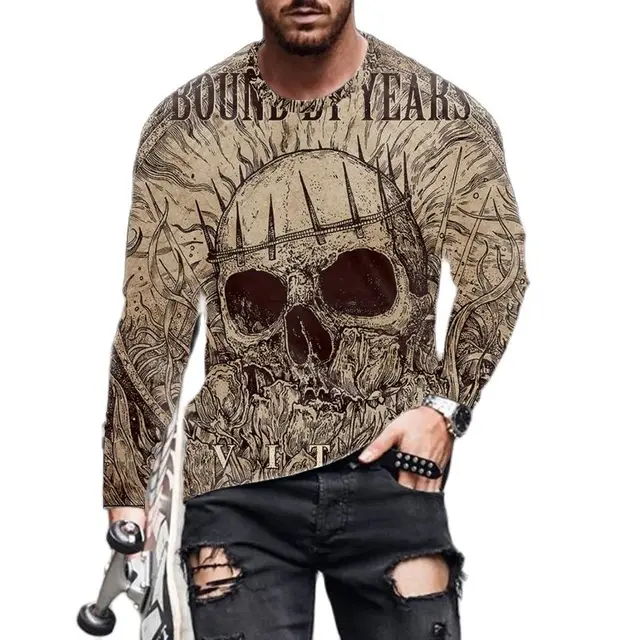 Skull Print T-shirt Men's Casual Sports 3d Long-sleeved Shirt Street Trend European and American Youth Loose Round Neck T-shirt 4