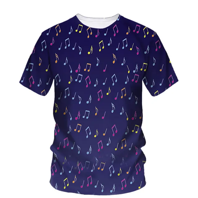 Símbolo musical: Camiseta masculina fashion de verão impressa em 3D, criativa, estilo Harajuku, casual, manga curta, gola clássica e solta 2 Camiseta masculina com símbolo musical impressa em 3D