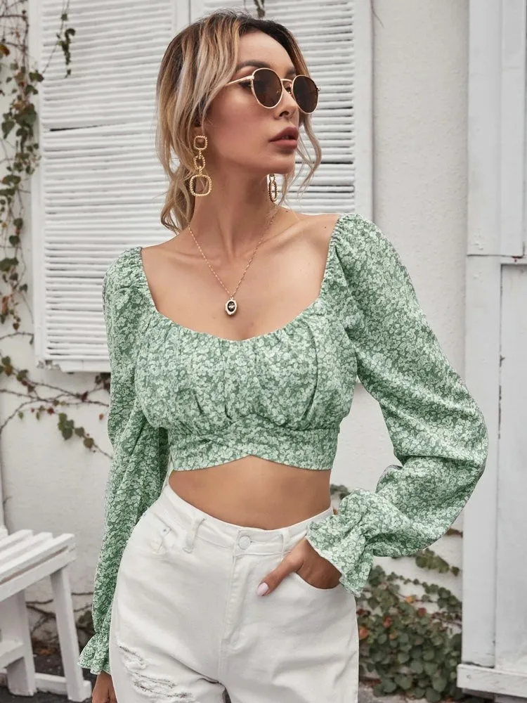 

Long Sleeve Backless Sexy Crop Top Shoulder Tops Green Floral Beach Vacation Blouse Women 2022 Autumn Women Elegant Slim Shirt