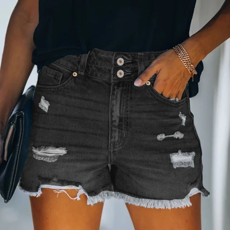 Women Fashion Ripped Denim Pants High Waisted Rolled Shorts Vintage Hole Summer Casual Pocket Jeans Ladies Hotpants Shorts 2024