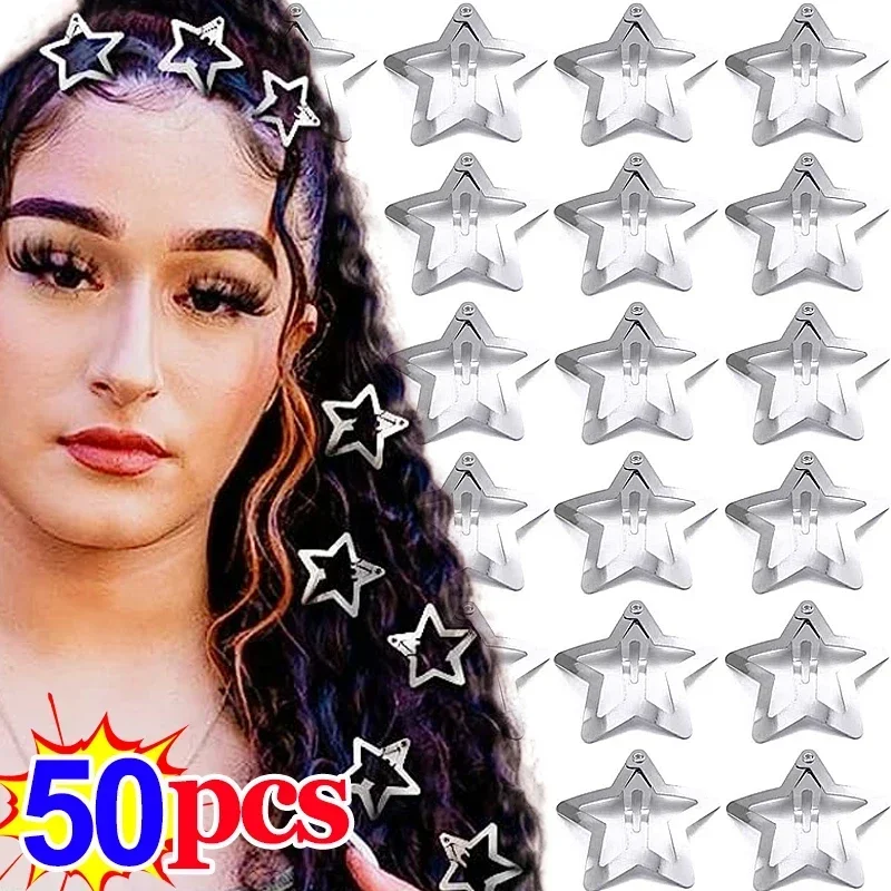 2/50Pcs Y2K Silver Star Hair Clips for Girls Filigree Star Metal Snap Clip Hairpins Barrettes Hair Jewelry Nickle Free Bobby Pin