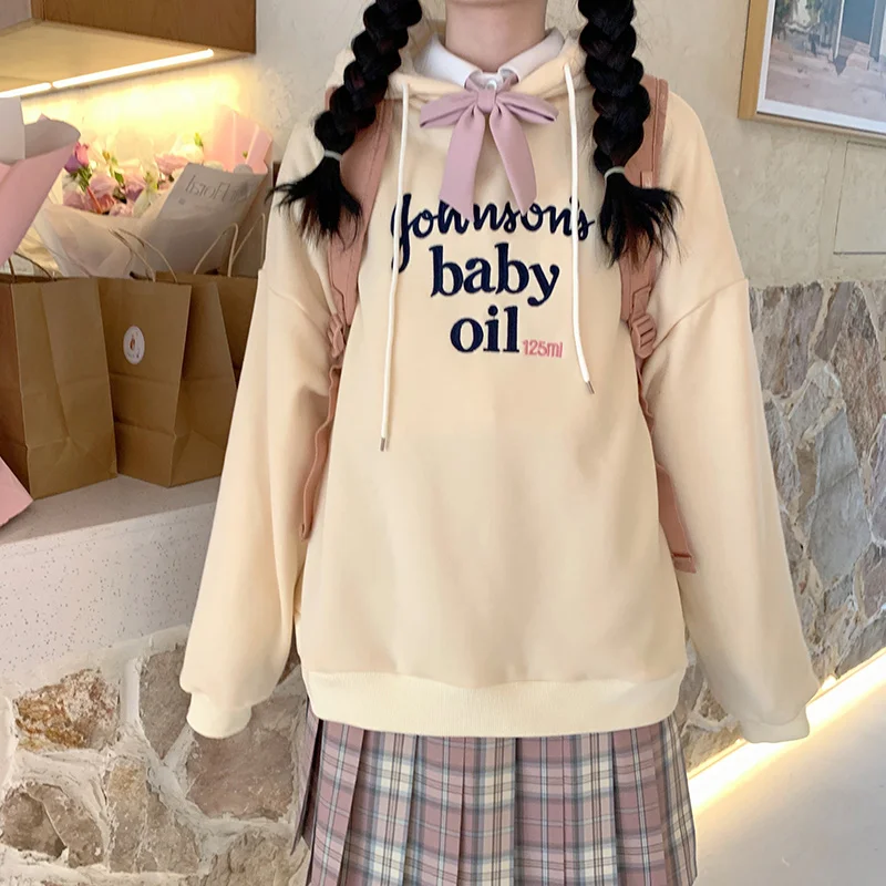 

Sweet Hoodies Women Autumn Winter Letter Embroidery Loose Thick Warm Hooded Sweatshirts Fleece Hoodie Kawaii Clothes