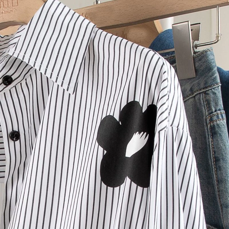 Turn-down Neck Flower Stripe Long Sleeved Loose Shirt And Blouse Clothes Top Casual Single Breasted White Streetwear Women New