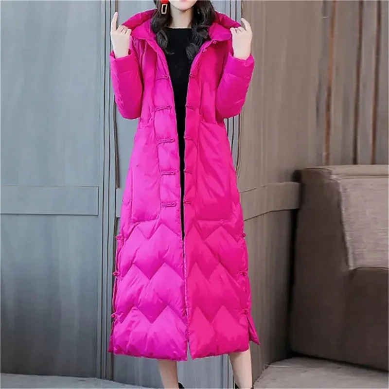 

White Duck Down Jacket Thick Chinese Style Ethnic StyleWomen's Extended Knee Length Retro Buckle Jacket Down Parka Female's Coat