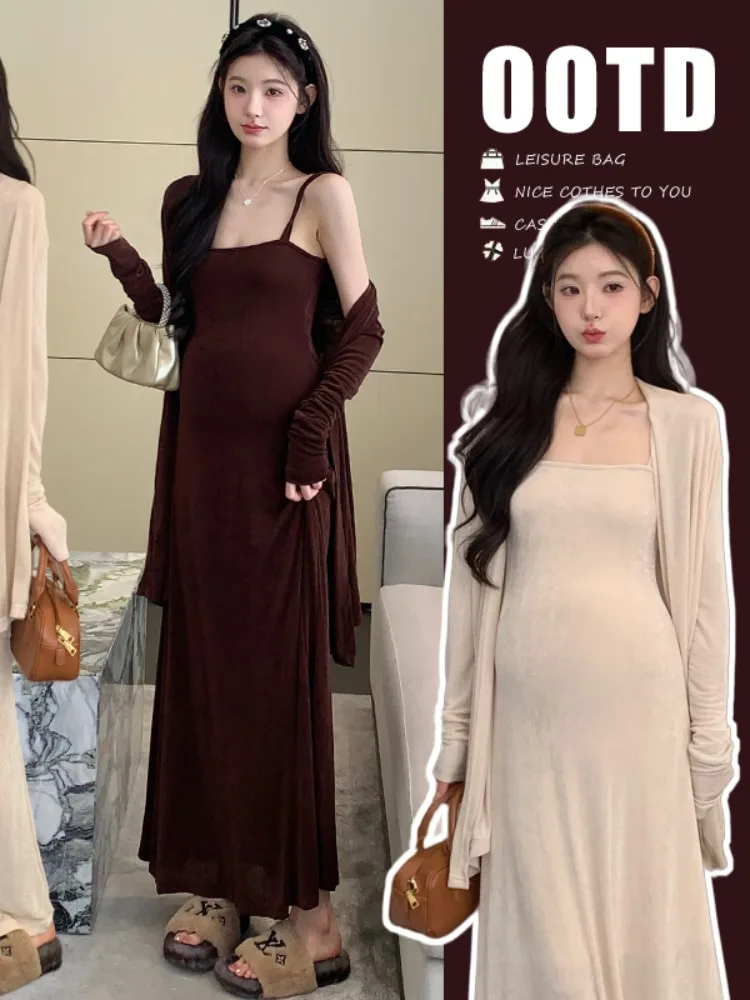 임산부용 봄 여름 의상 세트, 신축성 좋은 투피스 세트(스트랩 드레스와 오픈 가디건 포함)