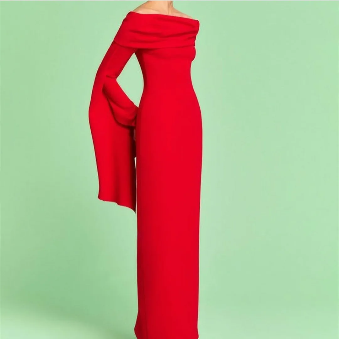 

Elegant Long Boat Neck Prom Dresses With Slit Sheath Crepe Red Floor Length Evening Dress Robes de Soirée for Women