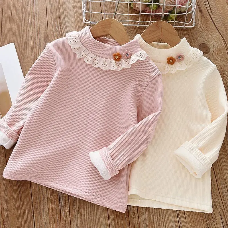 Kids Shirts Girls' Bottom Shirt Autumn Winter Children's Lace Half High Neck Fashionable Cute Girl Plush Thickened Warm Top