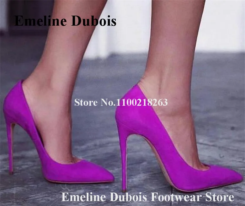 

Purple Suede Pumps Emeline Dubois Brand Design Pointed Toe Stiletto Heel Shallow Dress Heels Slip-on Wedding Shoes Big Size