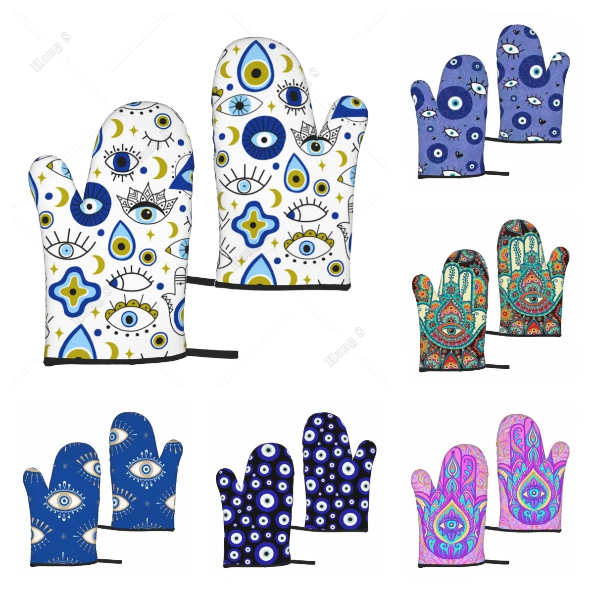 Navy Blue Evil Eye Lucky Egyptian Style Heat Resistant Gloves Microwave Gloves Bbq for Men Women Oven Items 2PC Gift