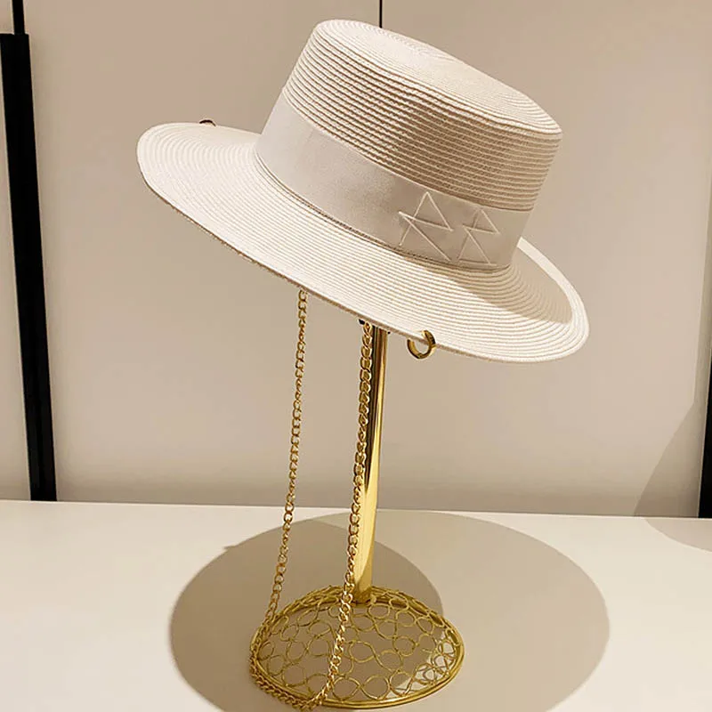 Double Chain Strap Straw Boater Hat L