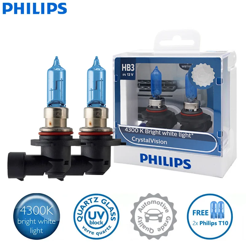 

2X Philips HB3 9005 P20d 12V 60W Crystal Vision 4300K Bright White Light Halogen Headlight Car Lamps with 2x T10 Bulbs 9005CVSM