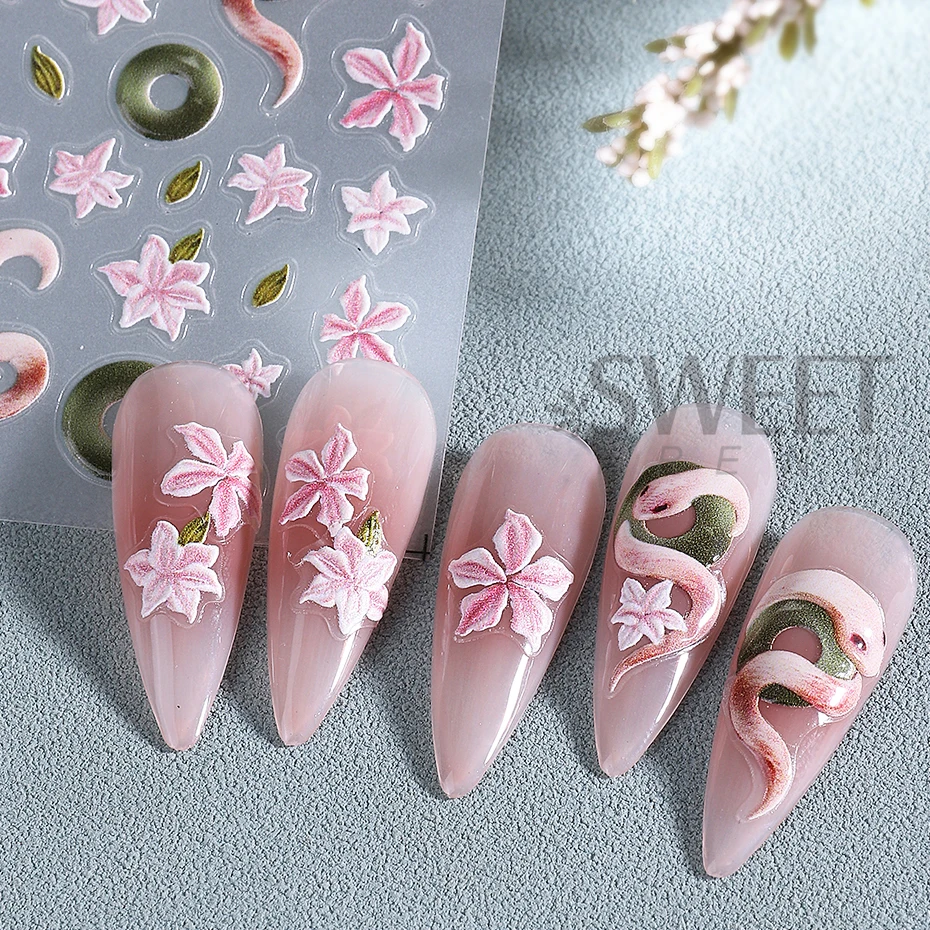 2pcs Pink Snake Embossed Nail Stickers Holographic Sakura Petal Leaf Design Adhesive Sliders DIY Nail Decals Manicure Decoration