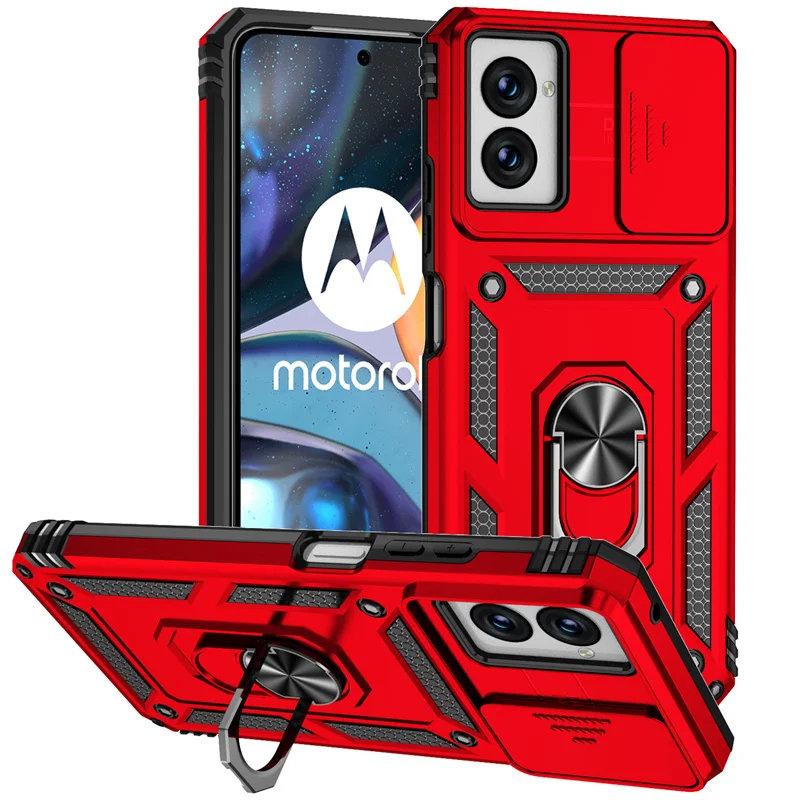 Shockproof Armor Phone Case with Magnetic Ring Holder and Slide Lens Protector