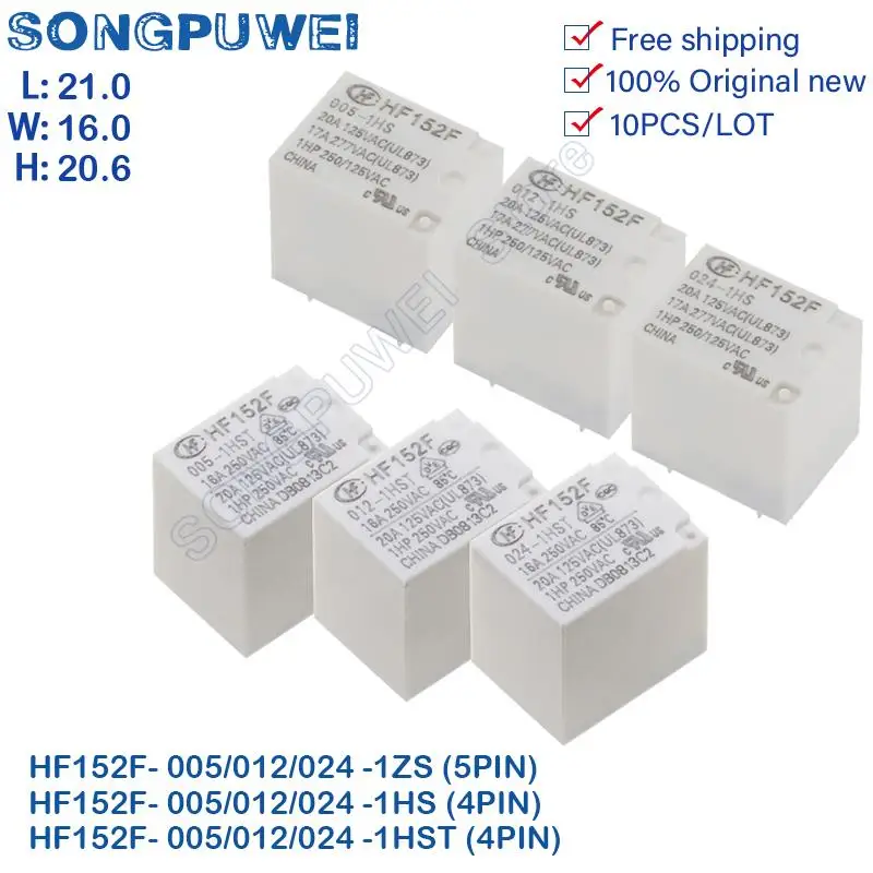 Free-shipping-10Pcs-HF152F-005-012-024-1HS-1HST-4Pin-17A-277VAC-Relay ...